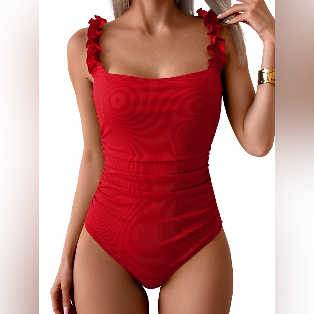 Tummy Control Square Neck Red Ribbed Swimsuit Adjustable ruffle strap ❤️